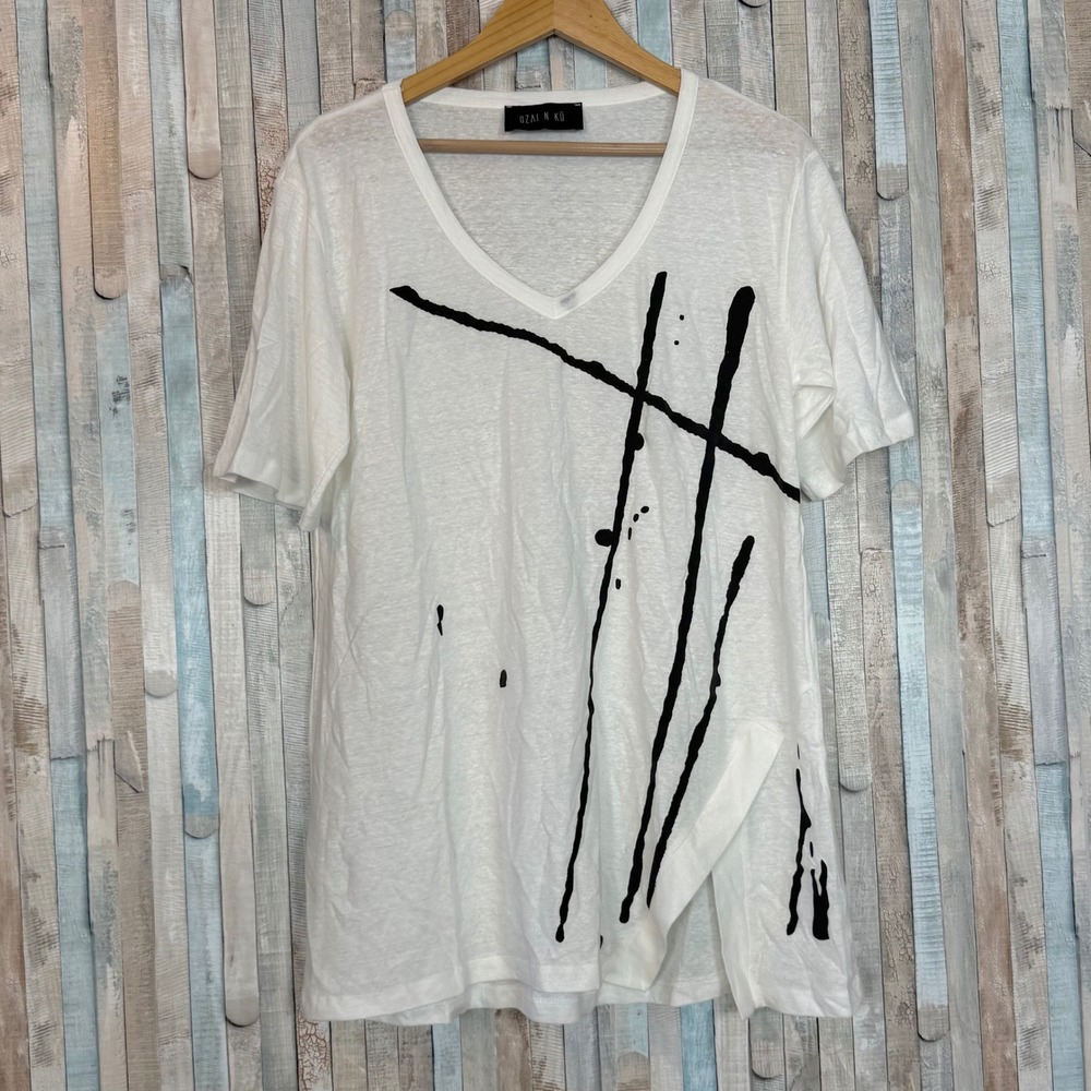 Ozai N Ku Linen Cotton Jersey Abstract Paint Graphic V-Neck T-Shirt Tunic Top L